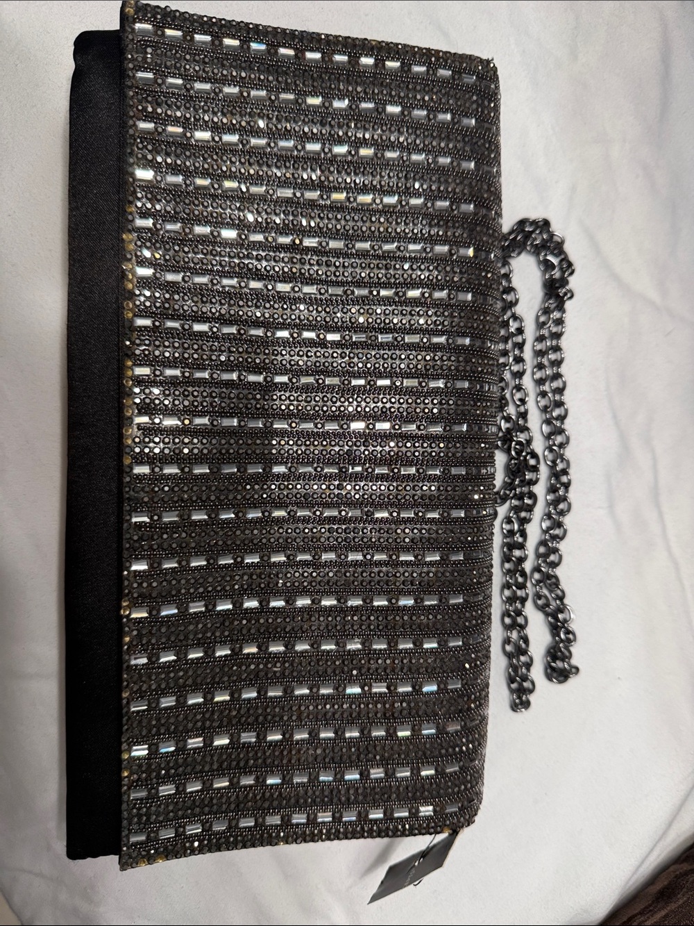 INC International Concepts Black and Gunmetal Rhinestone Chain Clutch